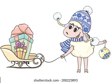 Cartoon funny sheep and sleigh with gifts isolated on white background . Merry Christmas vector illustration