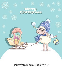 Cartoon funny sheep and sleigh with gifts. Merry Christmas greeting card. Vector illustration