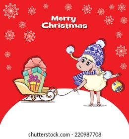 Cartoon funny sheep and sleigh with gifts. Merry Christmas greeting card. Vector illustration