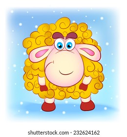 Cartoon funny sheep in winter. 