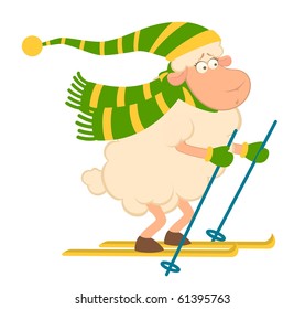 Cartoon funny skier sheep. Vector illustration