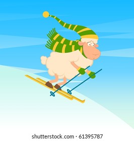 Cartoon funny skier sheep. Vector illustration