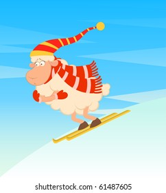 Cartoon funny skier sheep. Vector illustration