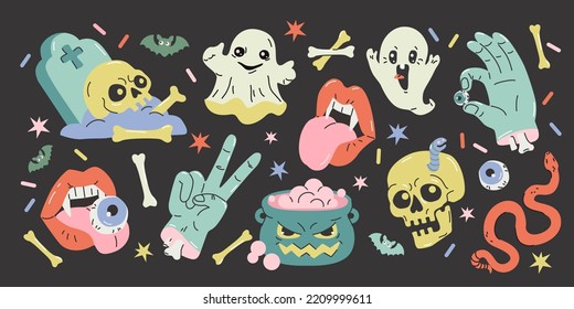 Calavera graciosa de caricatura, huesos, cruz, fantasma, labios de vampiros, tumba, mano monstruo zombie, conjunto de calderones de brujas. Espeluznante y espeluznante colección de stickers de Halloween. Ilustración vectorial.