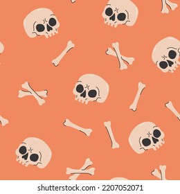 Cartoon funny skulls with bones, crossbone seamless pattern. Skull and bone background. Vector illustration. Spooky creepy Halloween concept for textile fabric design in modern fashion style