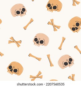 Caricatura divertida con huesos, patrón cruzado sin costuras. Calavera y fondo óseo. Ilustración vectorial. Espeluznante concepto de Halloween para el diseño de tela textil al estilo de la moda moderna