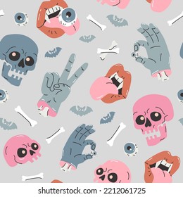 Cartoon funny skulls, bones, crossbone, monster zombie hands, vampire lips, bats seamless pattern. Halloween background. Spooky creepy vector illustration for textile fabric design in fashion style