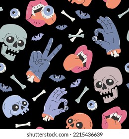 Cartoon funny skulls, bones, crossbone, monster zombie hands, vampire lips, bats seamless pattern. Halloween background. Spooky creepy vector illustration for textile fabric design in fashion style