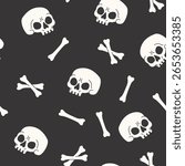 Cartoon funny skulls with bones, crossbones seamless pattern. Skull and bone background. Vector illustration. Spooky creepy Halloween concept for textile fabric design in modern fashion style