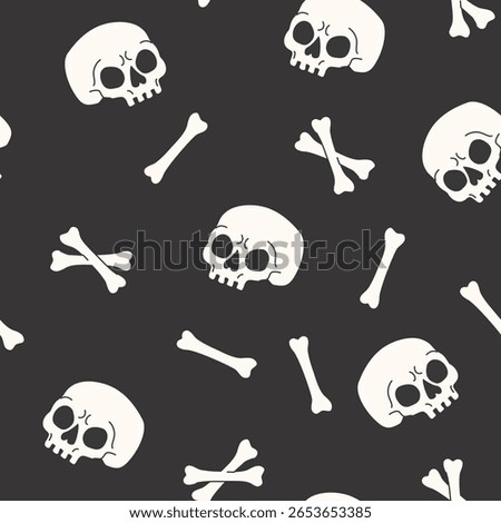 Cartoon funny skulls with bones, crossbones seamless pattern. Skull and bone background. Vector illustration. Spooky creepy Halloween concept for textile fabric design in modern fashion style