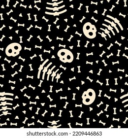 Cartoon funny skulls and bones Halloween seamless pattern on dark background