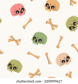 Cartoon funny skulls with colorful bones, crossbone seamless pattern. Skull and bone background. Vector illustration. Spooky creepy Halloween concept for textile fabric design in modern fashion style