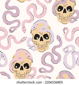 Cartoon funny skulls with colorful snakes seamless pattern. Skull background. Vector illustration. Spooky creepy Halloween concept for textile fabric design in modern fashion style