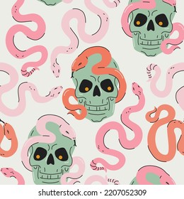 Cartoon funny skulls with colorful snakes seamless pattern. Skull background. Vector illustration. Spooky creepy Halloween concept for textile fabric design in modern fashion style