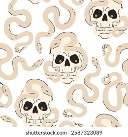 Cartoon funny skulls with snakes seamless pattern. Skull bones and snakes background. Vector illustration. Spooky creepy Halloween concept for textile fabric design in modern fashion style