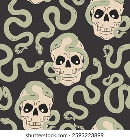 Cartoon funny skulls with snakes seamless pattern. Skull bones and snakes background. Vector illustration. Spooky creepy Halloween concept for textile fabric design in modern fashion style