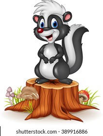 Cartoon funny skunk on tree stump