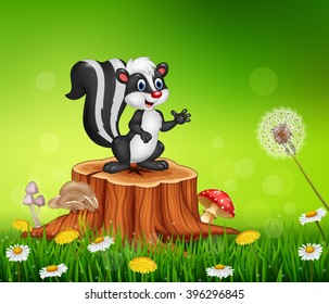 Cartoon funny skunk on tree stump in summer background