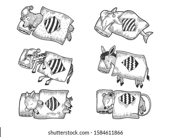 Cartoon funny sleeping animals set sketch engraving vector illustration. T-shirt apparel print design. Scratch board style imitation. Black and white hand drawn image.