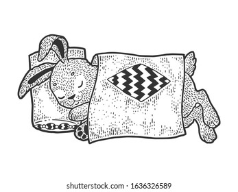 Cartoon funny sleeping hare rabbit sketch engraving vector illustration. T-shirt apparel print design. Scratch board style imitation. Black and white hand drawn image.
