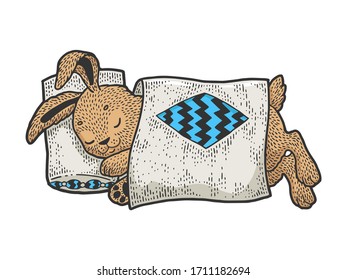Caricatura divertida durmiendo liebre dibujo en color conejo grabado ilustración vectorial. Diseño de impresión de prendas de pantalones en T. Imitación del estilo de pizarra. Imagen dibujada a mano en blanco y negro.