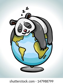 Cartoon funny sleeping panda on the globe.