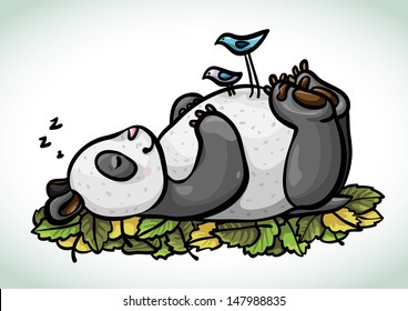 Cartoon funny sleeping panda and two blue birds