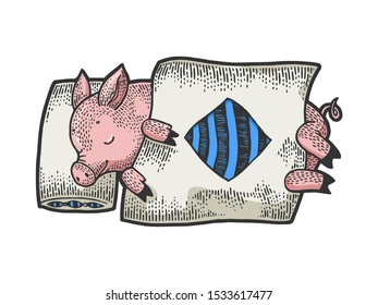 Cartoon funny sleeping piggy sketch engraving vector illustration. T-shirt apparel print design. Scratch board style imitation. Black and white hand drawn image.