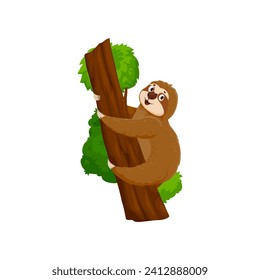 Caricatura graciosa de un personaje perezoso trepando en un árbol. La fauna de la selva amazónica del zoológico linda mascota, la selva tropical de Sudamérica animal salvaje aislado vector de carácter feliz. Personaje holgazán trepando en el árbol