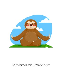 Cartoon funny sloth character meditate in yoga asana. Isolated vector cute comical animal personage blissfully serene in lotus pose. With a tranquil smile, it embodies the art of slow, zen meditation