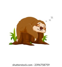 Caricatura graciosa y lasciva personaje duerme tranquilamente en un trozo de árbol. Vector lindo salón de animales tropicales o dormirse con expresión relajada captura tranquilidad, sus ojos cerrados y una sonrisa de contenido en la cara