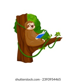 Cartoon funny sloth character reading on tree. Isolated vector whimsical animal, perched lazily on a branch, engrossed in a book, wearing goofy grin. Slowly savoring every word with a laid-back charm