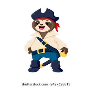 Cartoon funny sloth pirate animal character. Isolated vector lazy whimsical corsair wears a tricorn hat and red bandana, stands confidently with a saber on belt, ready for adventure on the high seas