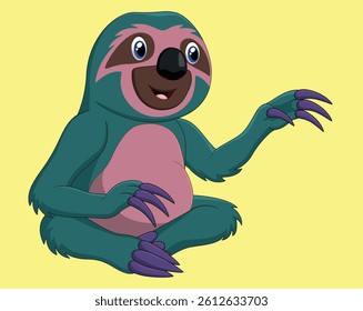 Cartoon funny sloth sitting and waving hand vector illustration