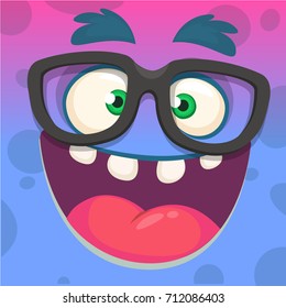 Cartoon funny smart and clever monster face wearing glasses. Vector illustration