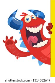 Cartoon funny smart monster holding empty placard