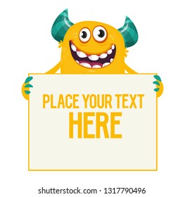 Cartoon funny smart monster wearing eyeglasses and holding blank board