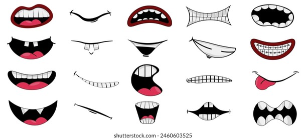 Cartoon funny smile mouth collection. Mouth smile in cartoon doodle style