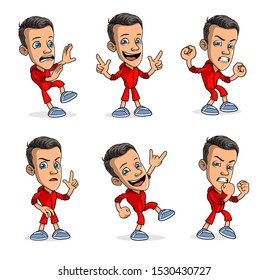 Cartoon funny smiling boy character in different positions. Layered EPS ready for animations. Standing, walking, fight, rock and roll gesture sign. Isolated on white background. Vector icon set.
