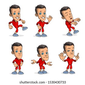 Cartoon funny smiling boy character in different positions. Layered EPS ready for animations. Standing, walking, hello, running, warning gesture sign. Isolated on white background. Vector icon set.