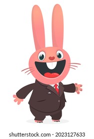 Cartoon funny smiling bunny rabbit wearing toxedo or business suit.  Vector illustration  isolated