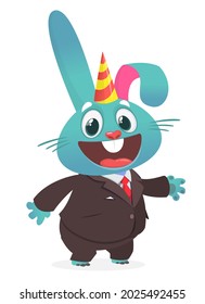 Cartoon funny smiling bunny rabbit wearing toxedo or business suit.  Vector illustration  isolated