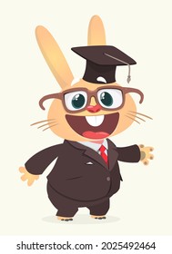 Cartoon funny smiling bunny rabbit wearing toxedo or business suit and graduation hat.  Vector illustration  isolated