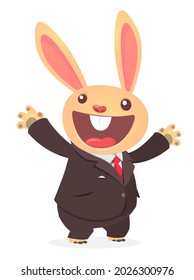 Cartoon funny smiling bunny rabbit wearing toxedo or business suit.  Vector illustration  isolated. Happy Easter