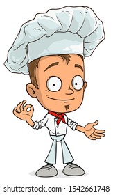 Cartoon funny smiling chef cook boy character in uniform and hat. Layered vector for animations. Isolated on white background. Vector icon.