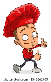 Cartoon funny smiling chef cook boy character in red uniform and hat. Layered vector for animations. Isolated on white background. Vector icon.