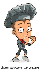 Cartoon funny smiling chef cook boy character in black uniform and hat standing with knuckles. Layered vector for animations. Isolated on white background. Vector icon.