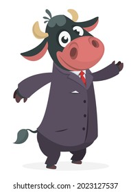 Cartoon funny smiling cow wearing toxedo or business suit.  Vector illustration isolated