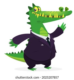 Cartoon funny smiling crocodile wearing toxedo or business suit.  Vector illustration of green aligator isolated