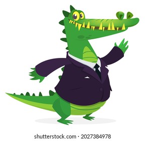 Cartoon funny smiling crocodile wearing tuxedo or business suit.  Vector illustration of green alligator isolated